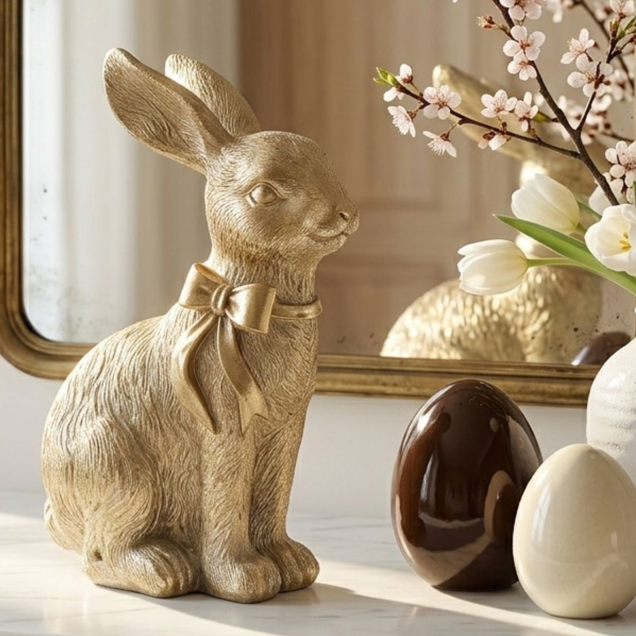 Deko-Hase, Goldfarbene Deko, Hase Statue, Runde Eier Dekoration, Frühlingsdeko