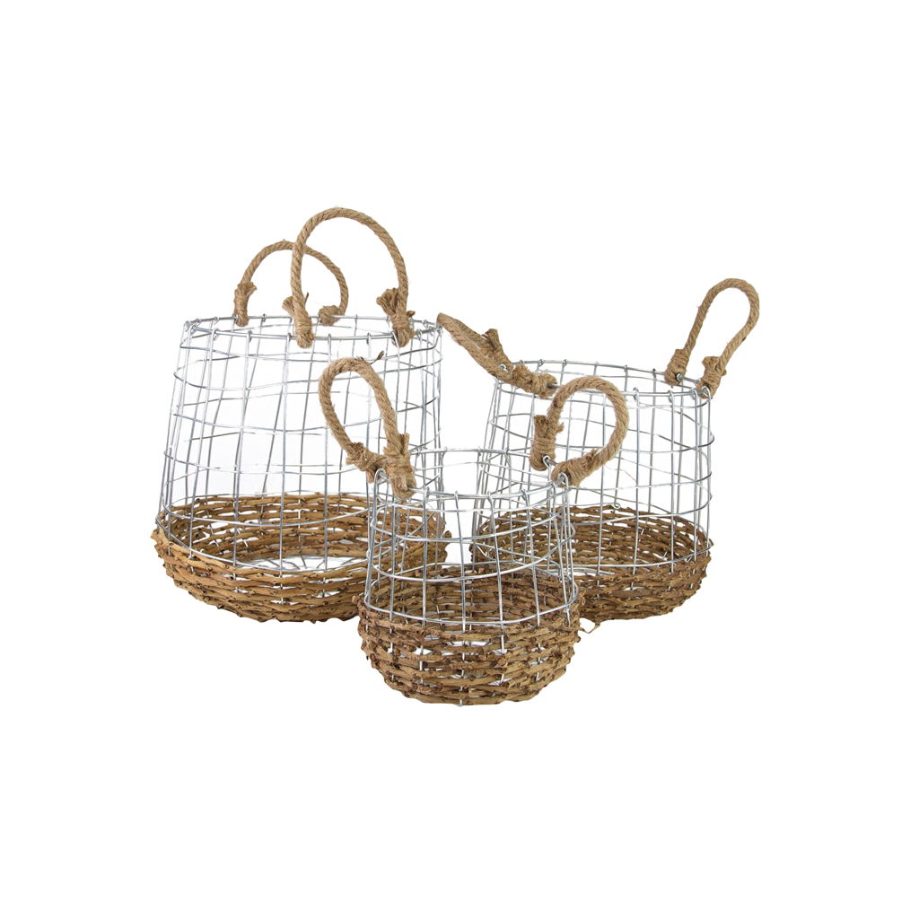 Basket with rattan, set of 3, metal, 14x16cm / 19x21cm / 24x25cm, 3 pieces/set, , EAN 14x16: 4004942094031 EAN 19x21: 4004942094048 Korb, Kunst, Kunsthandwerk