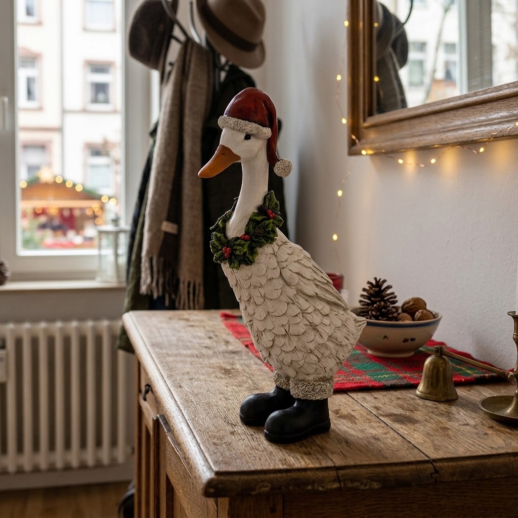 Weihnachtsgans mit Mütze und Kranz aus Poly weiß (B/H/T) 17x35x9cm | 10041392