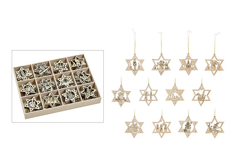Weihnachtshänger Sterne aus Holz, 12-fach, Natur (B/H/T) 6x6x0.3cm