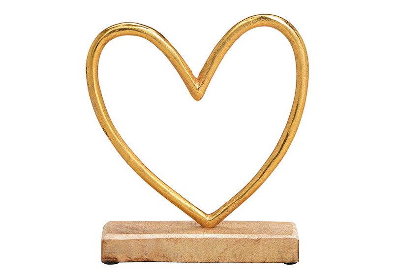 Présentoir Cœur sur bois de manguier Socle en métal doré (L/H/P) 20x23x5cm