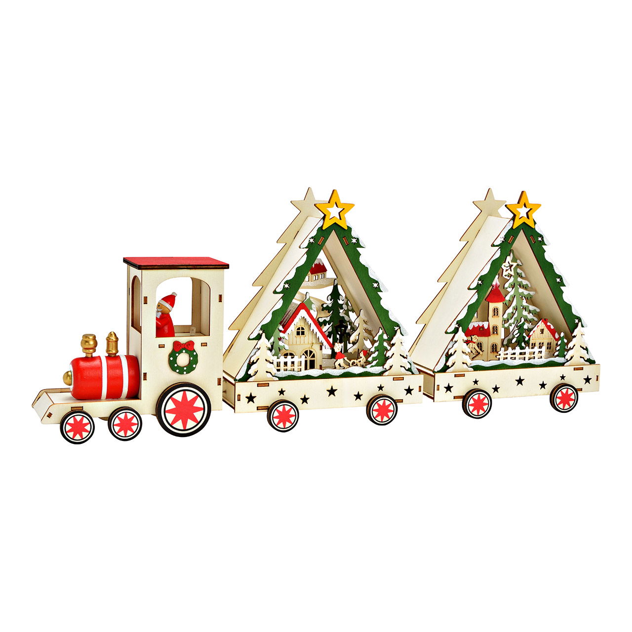 Train d'hiver avec LED Fonctionnement sur piles 2xAA non incluses, double fonction boîte à piles avec minuterie en bois, naturel (L/H/P) 54x21x9cm Maschine, Rad