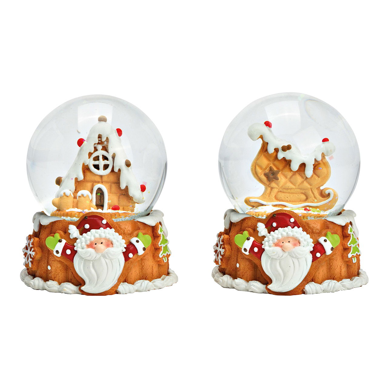 Snow globe sleigh, house in gingerbread design made of poly, glass colored 2-fold, (W/H/D) 7x9x7cm