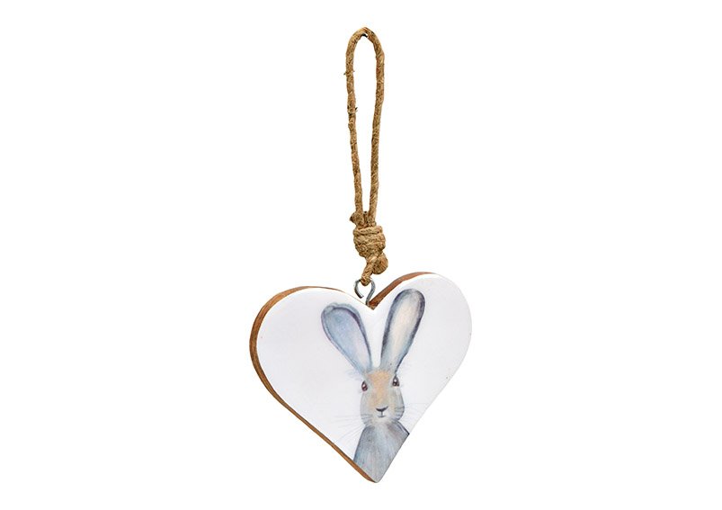 Hanger hart konijntje decor gemaakt van mangohout met emaille lak wit, grijs (B/H/D) 9x9x1cm