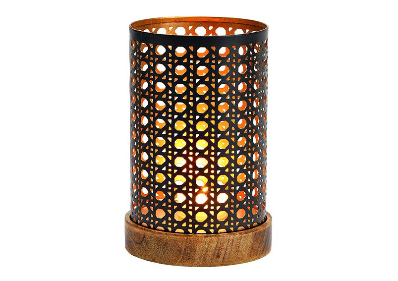 Lanterna su base in legno di mango in metallo nero, oro (L/H/D) 10x18x10cm