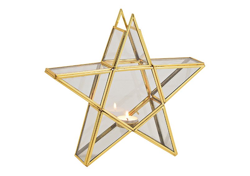 Windlicht Stern, für 1 Teelicht aus Glas, Metall Gold (B/H/T) 29x28x7cm