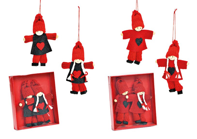 Set de pendentifs de Noël Enfant d'hiver 7x11x2cm en bois, textile, feutre rouge Lot de 2, 2 fois, (L/H/P) 11x13x3cm