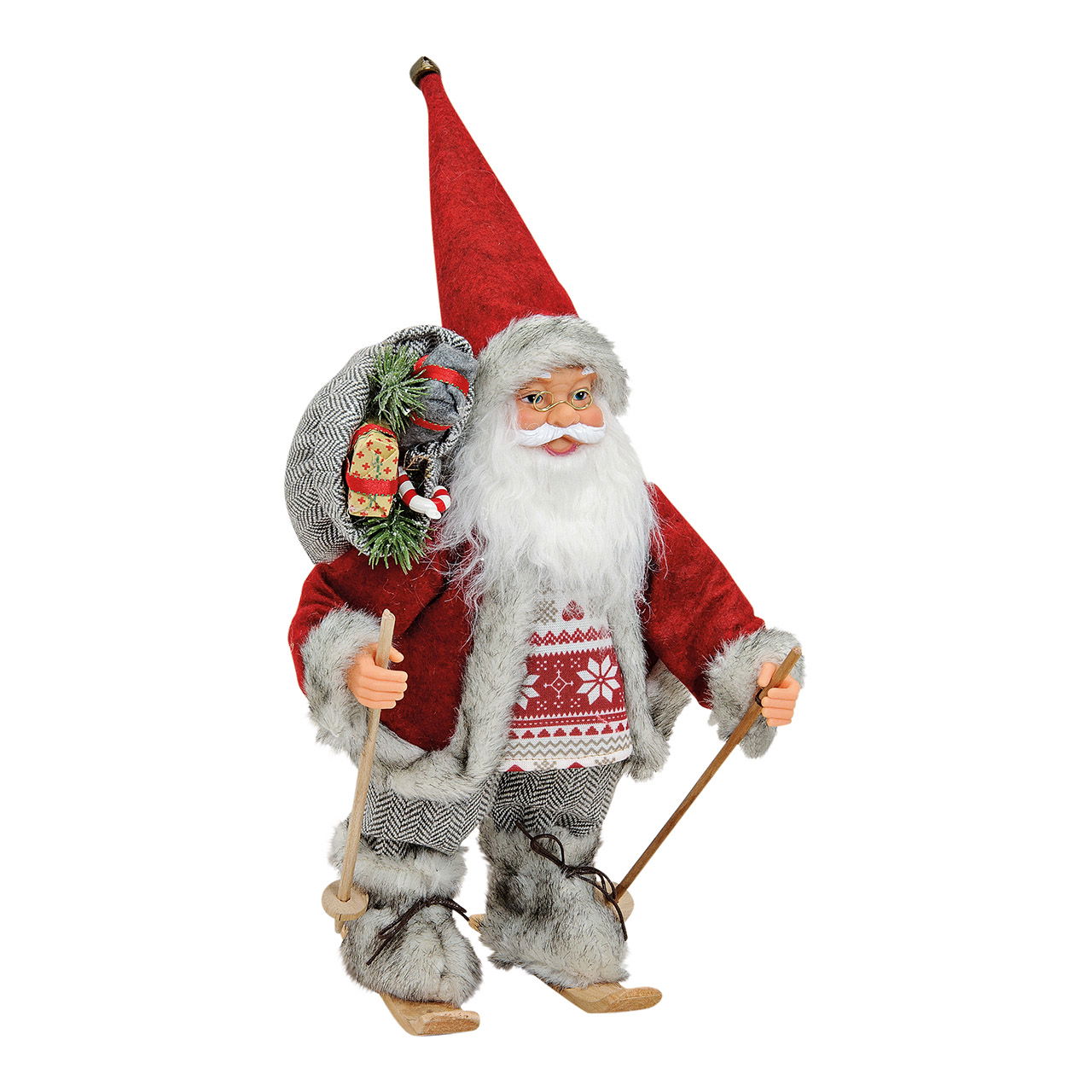Nikolaus auf Ski in rot aus Kunststoff/Textil/Holz (B/H/T) 18x30x12 cm Weihnachtsfigur, Santa Claus, Schlitten, Kleidung, Ski
