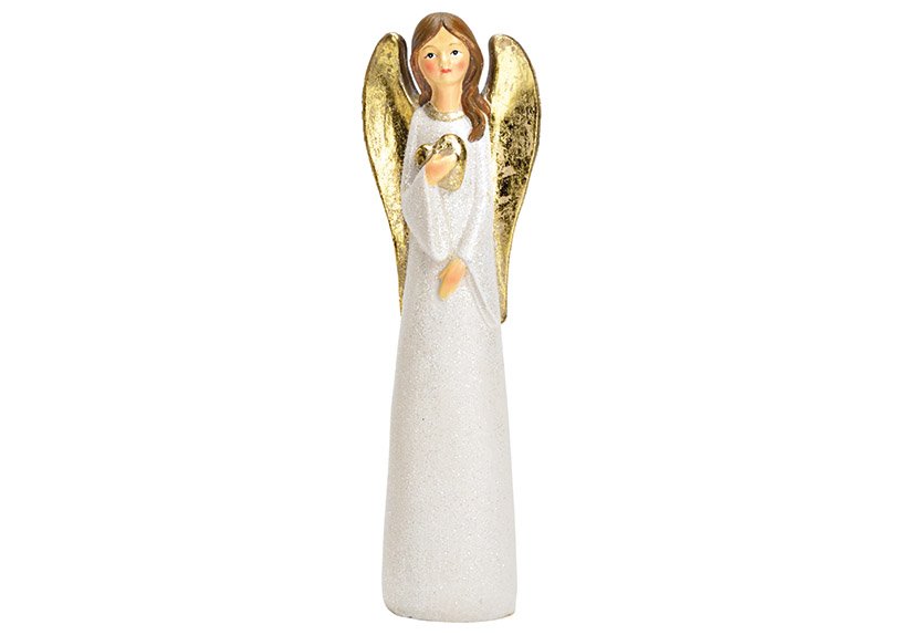 Angel with glitter of poly white, gold, (W/H/D) 7x23x5cm