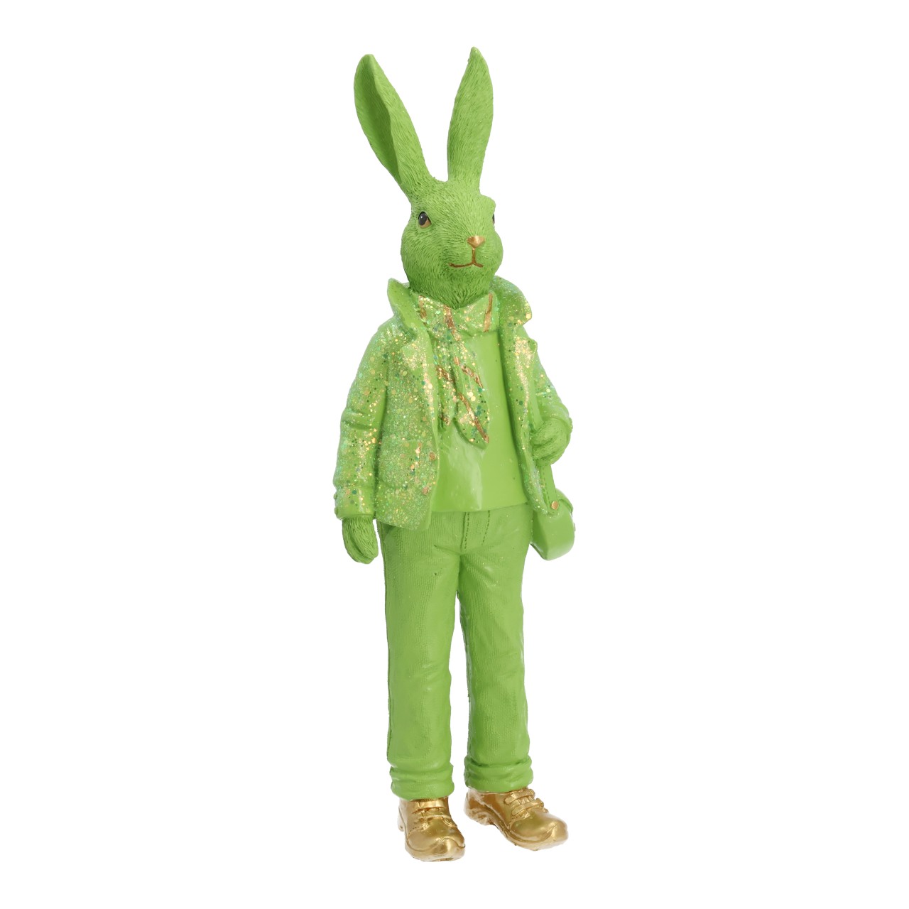 Lapin pailleté en polyéthylène vert (L/H/P) 12 x 38 x 8 cm Hase Figur, grün Outfit, Glitzerjacke, Rucksack, Goldene Schuhe
