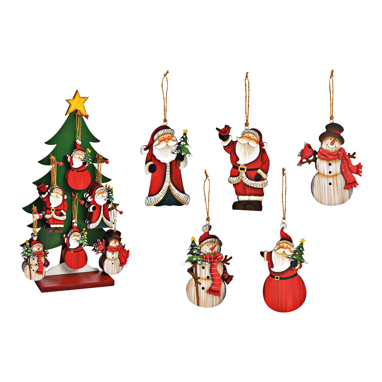 Percha de Navidad Papá Noel/hombre de las nieves en soporte de madera para árbol, 5 pliegues, 48 piezas, rojo/verde (ancho/alto/profundidad) 7x12x1cm/30x54x10cm
