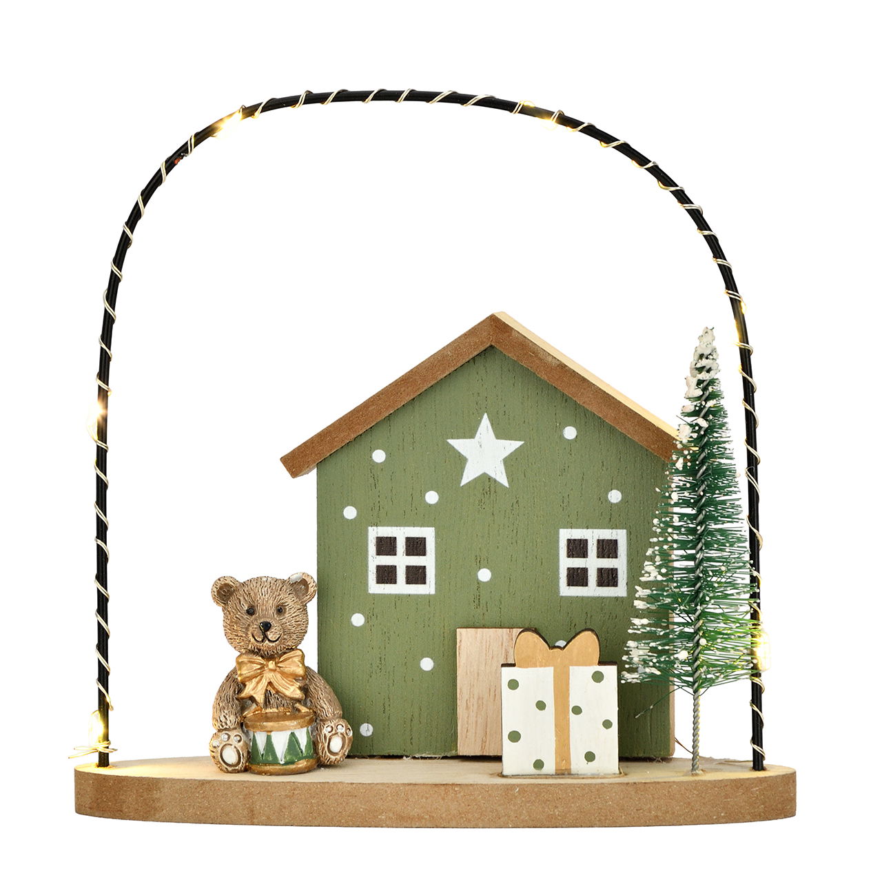 Maisons d'hiver LED en bois/métal vert (L/H/P) 14x14x4cm excl. 1xCR2032 Tier, Bär, Säugetier, Tierwelt