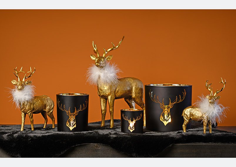 Vento luce cervo decorazione di vetro nero, oro (W/H/D) 7x8x7cm