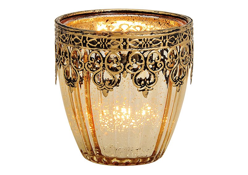 Windlicht Marokko decor, glas, metaal goud, (B/H/D) 8x9x8cm