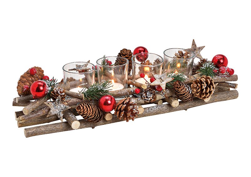 Adventsgesteck, Teelichthalter Weihnachtsmotiv aus Holz, Glas Bunt (B/H/T) 40x10x17cm
