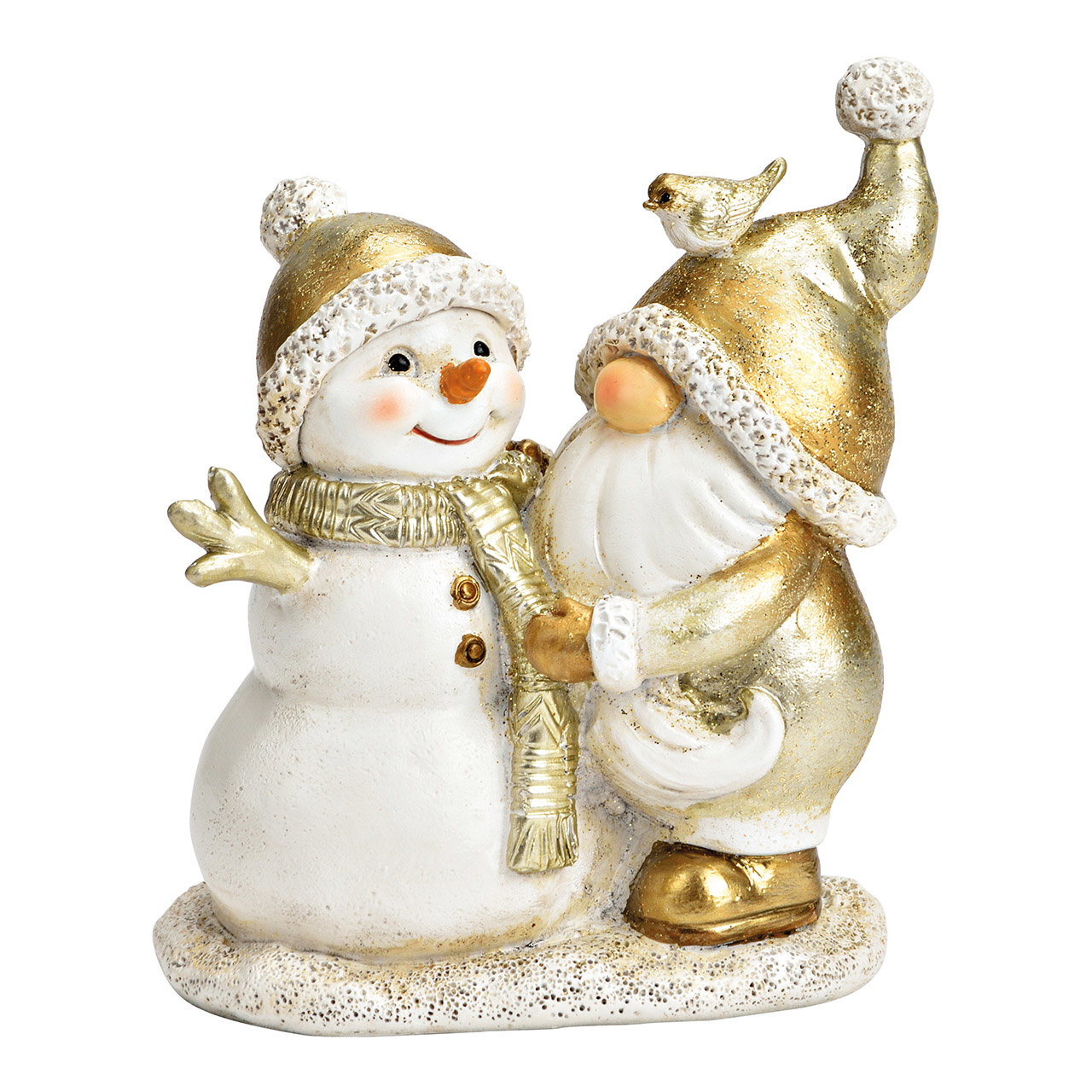 Wichtel mit Schneemann aus Poly gold (B/H/T) 10x12x6cm Wichtel mit Schneemann aus Poly gold (B/H/T) 10x12x6cm