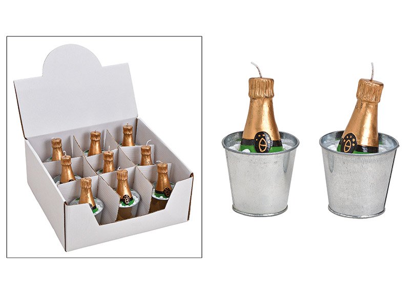 Bougie Bouteille de champagne dans un seau à champagne en tin, or (L/H/P) 5x10x5cm