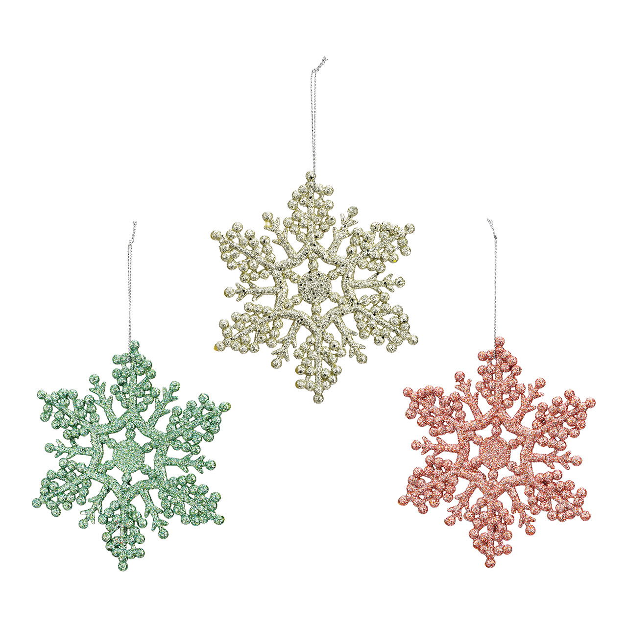 Pendentif flocon de neige avec paillettes en plastique champagne, vert, rose 3 fois, (L/H) 12x14cm