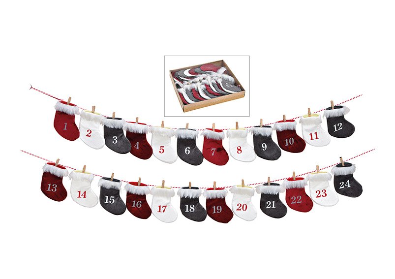 Advent calender, sock size 9x13cm, set of 24, red, polyester, 220cm