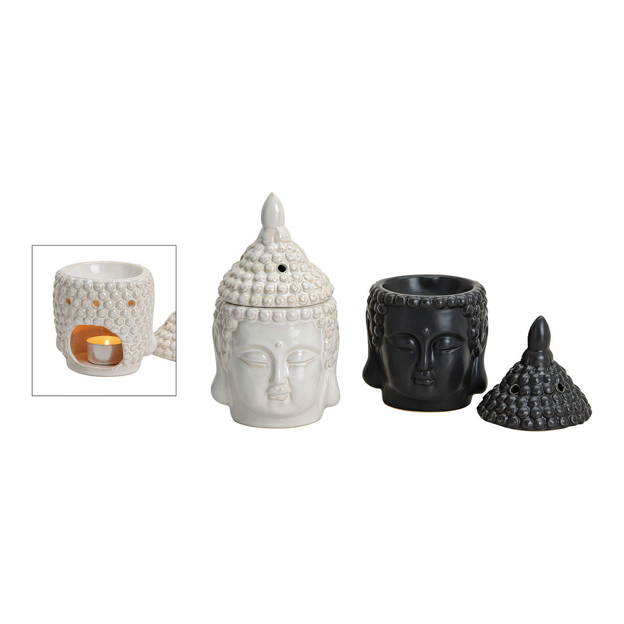 Brûle-parfum Tête de bouddha en céramique, assorti 2 fois, L20 x H11 cm Brûle-parfum Tête de bouddha en céramique, assorti 2 fois, L20 x H11 cm