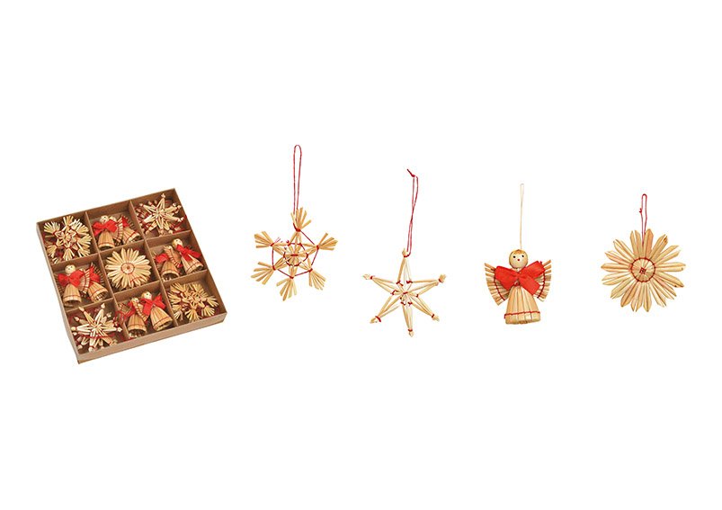 Set de pendentifs de Noël en paille, étoile (L/H/P) 6x6x0.3 cm, Naturel Set de 28, (L/H/P) 19x2x19cm