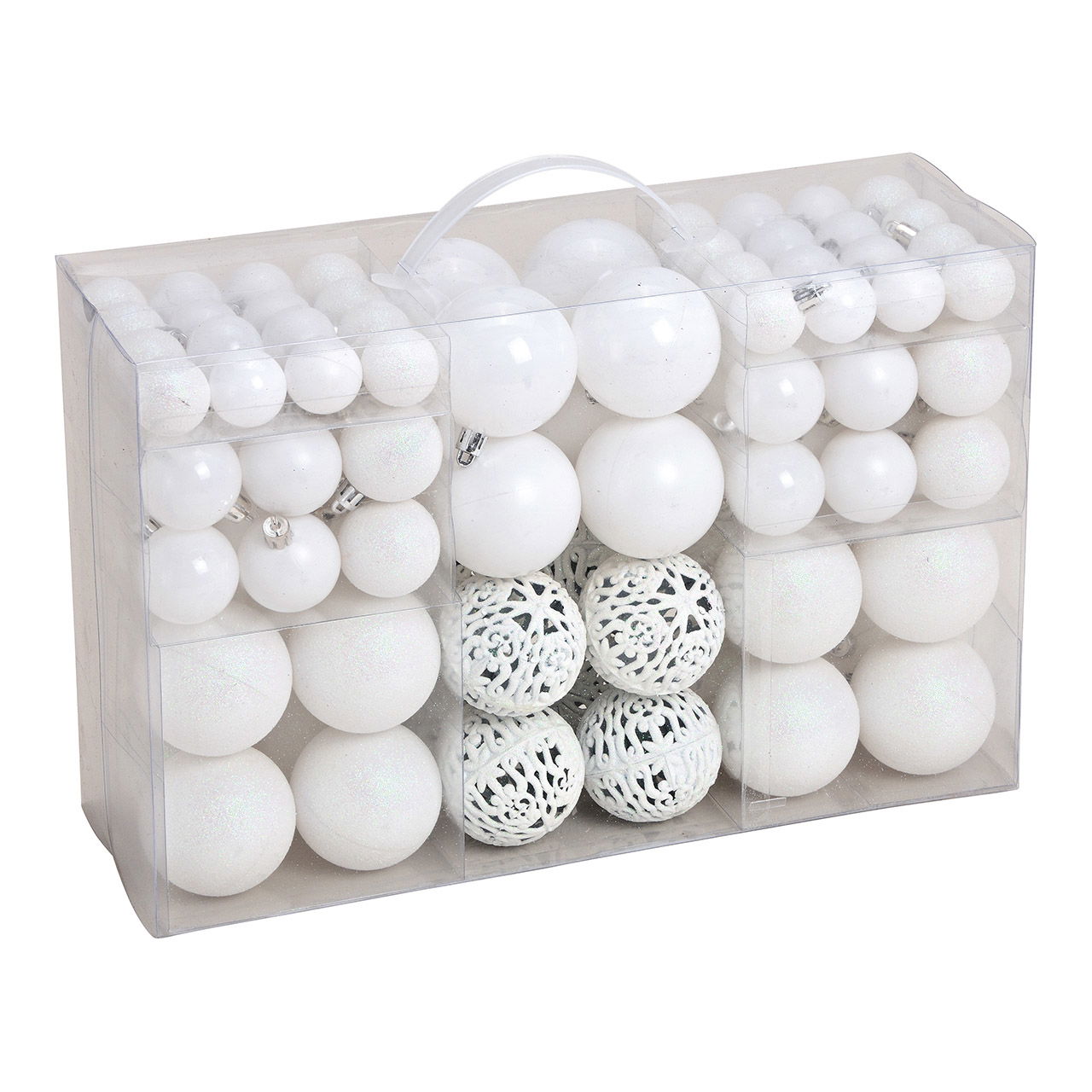 Weihnachtskugeln aus Kunststoff, 100er-Set, Weiß Ø3/4/6cm (B/H/T) 35x23x12cm Kugel, Golf, Golfball, Sport