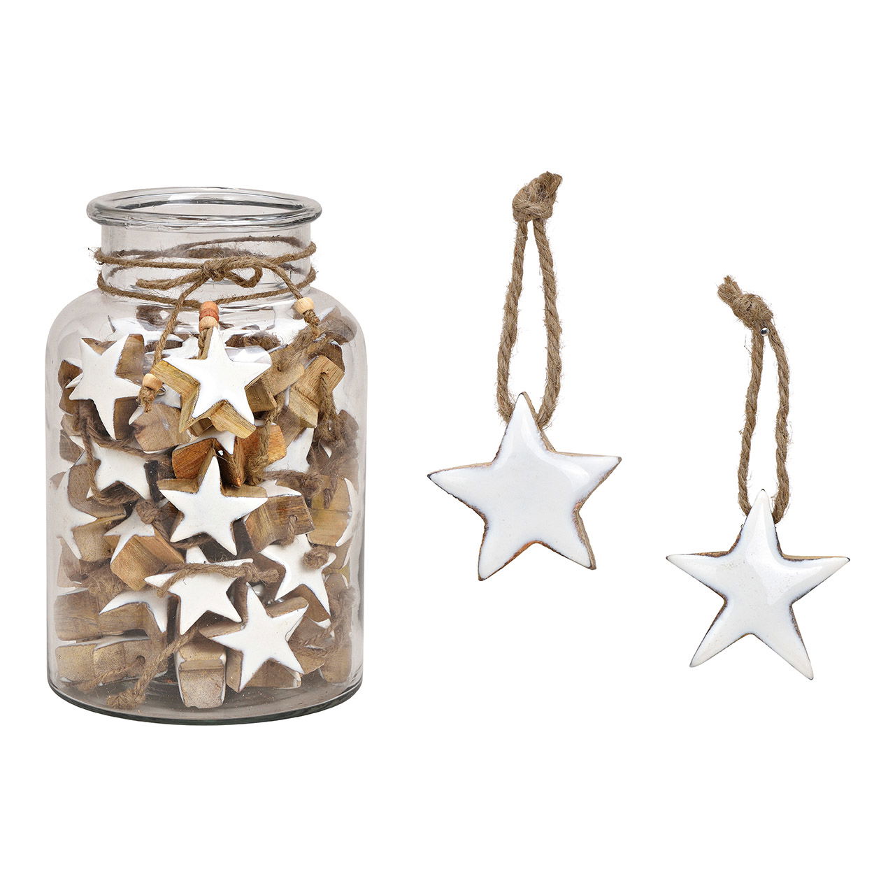 Weihnachtshänger Stern aus Mangoholz, 60 Stk. im Glas, Weiß (B/H/T) 5x5x3cm/16x26x16cm Weihnachtshänger Stern aus Mangoholz, 60 Stk. im Glas, Weiß (B/H/T) 5x5x3cm/16x26x16cm
