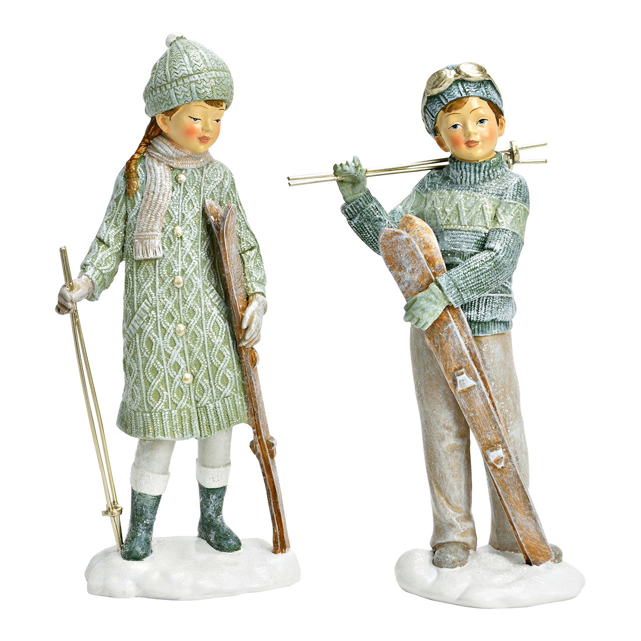 Winter-Figuren, Skifiguren, Schlitten, grüner Pullover, Schneebasis