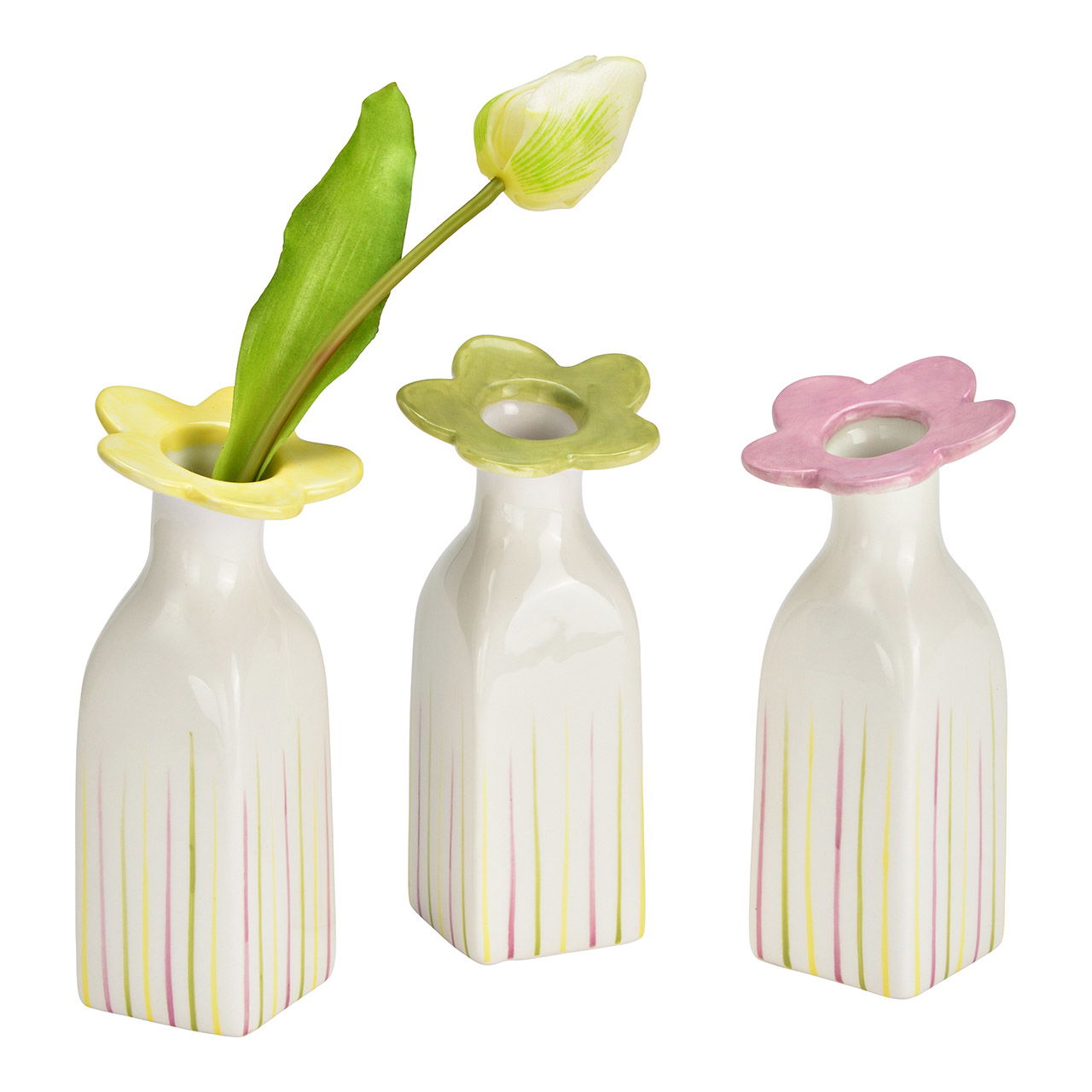 Vase Blume aus Keramik 3-fach, Gelb/Grün/Rosa (B/H/T) 8x18x8cm
