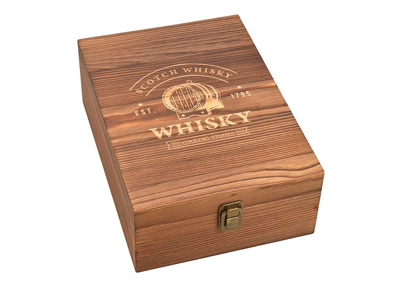 Whisky steen set, basalt stenen ijsblokje, 2cm, 8 blokjes met 4 glazen 9x8x9cm, 300ml, in houten kist 21,5x10x30,7cm