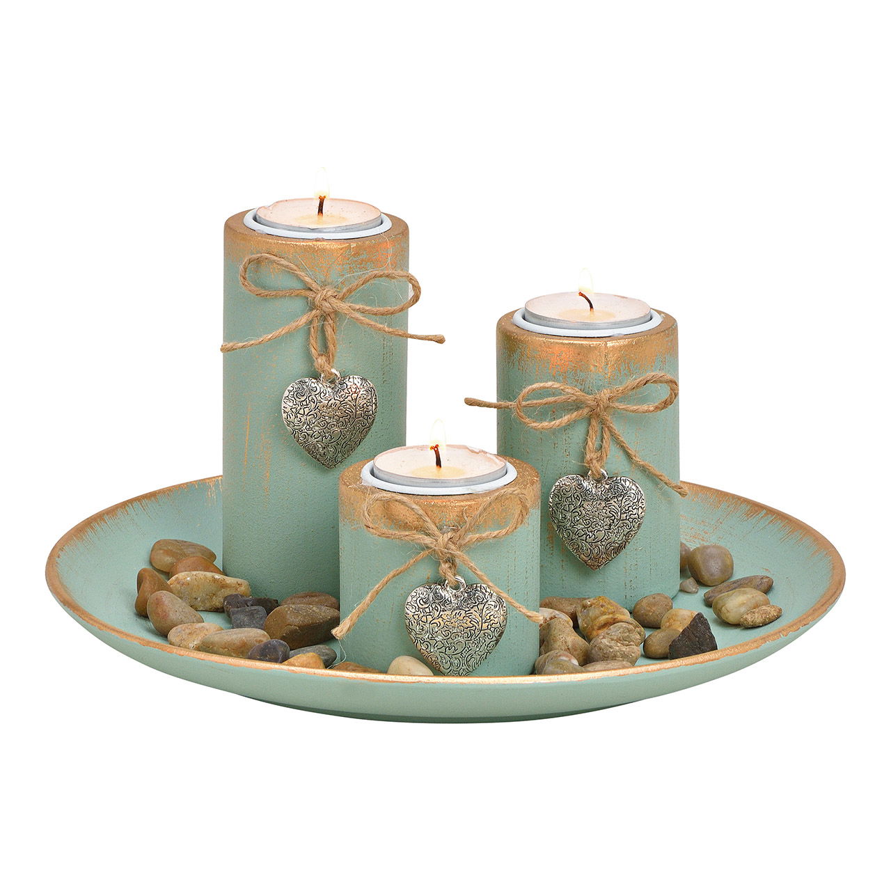 Porta tealight con pietre decorative verde di legno set, (w/h/d) 25x13x25cm