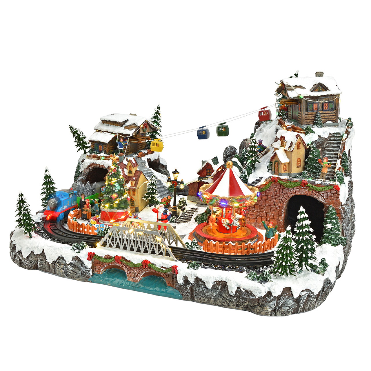 Weihnachtsdorf mit Eisenbahn, Karussell und Seilbahn aus Poly Weihnachtsdorf, Miniatureisenbahn, Karussell, verschneite Landschaft, beleuchtete Dekoration