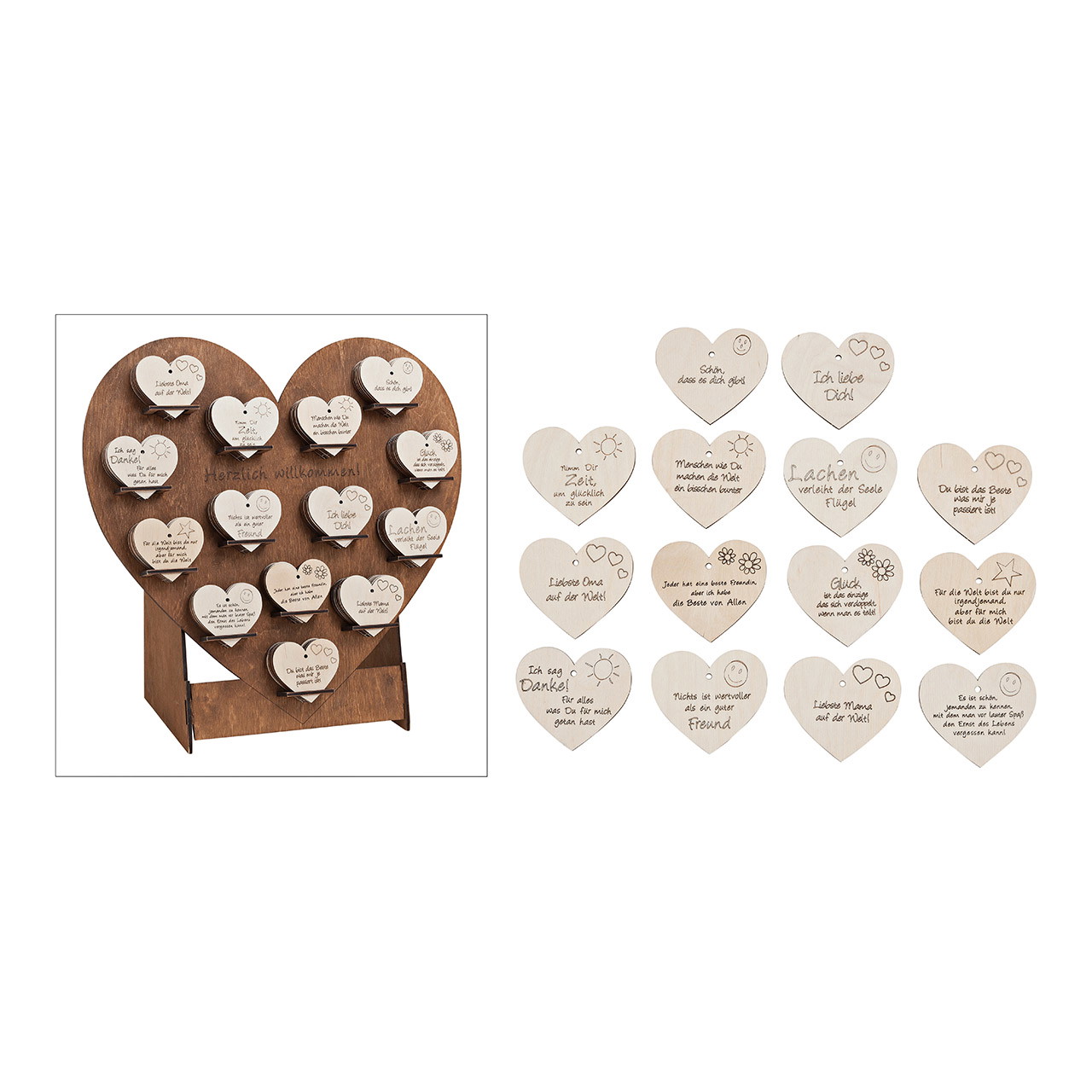 Herzdisplay mit Herzen, aus Holz, 14-fach sortiert, B47 x T24 x H46 cm / B8 x H8 cm Herzdekoration, Holz, Herzen, wanddeko, Danksagung