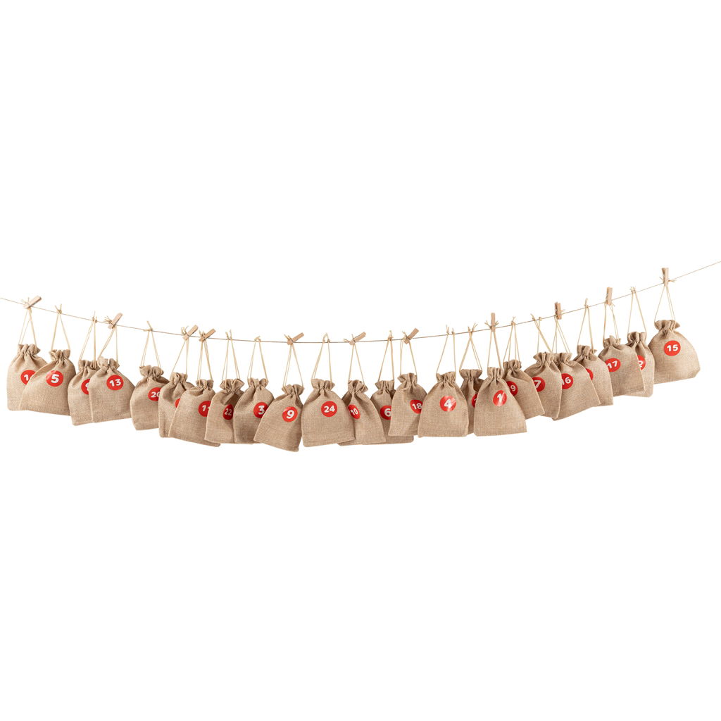 Adventskalenderzakjes met clips, stof, 26x25x4cm, 1 set, naturel, Tasche