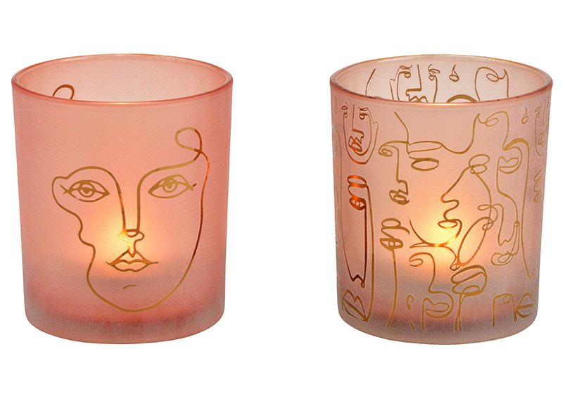 Windlicht Gesicht Dekor aus Glas Pink/Rosa 2-fach, (B/H/T) 9x10x9cm