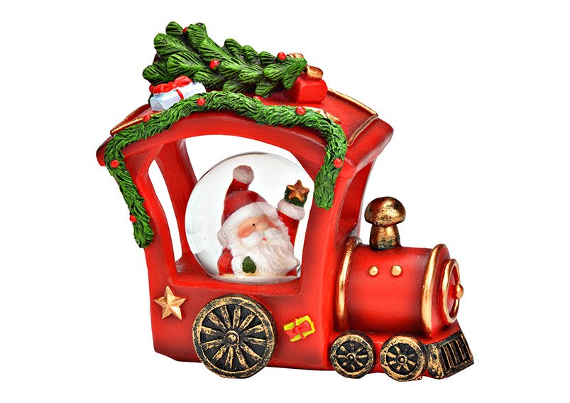 Weihnachts Lokomotive mit Schneekugel, Nikolaus Dekor aus Poly/Glas rot (B/H/T) 11x10x6cm