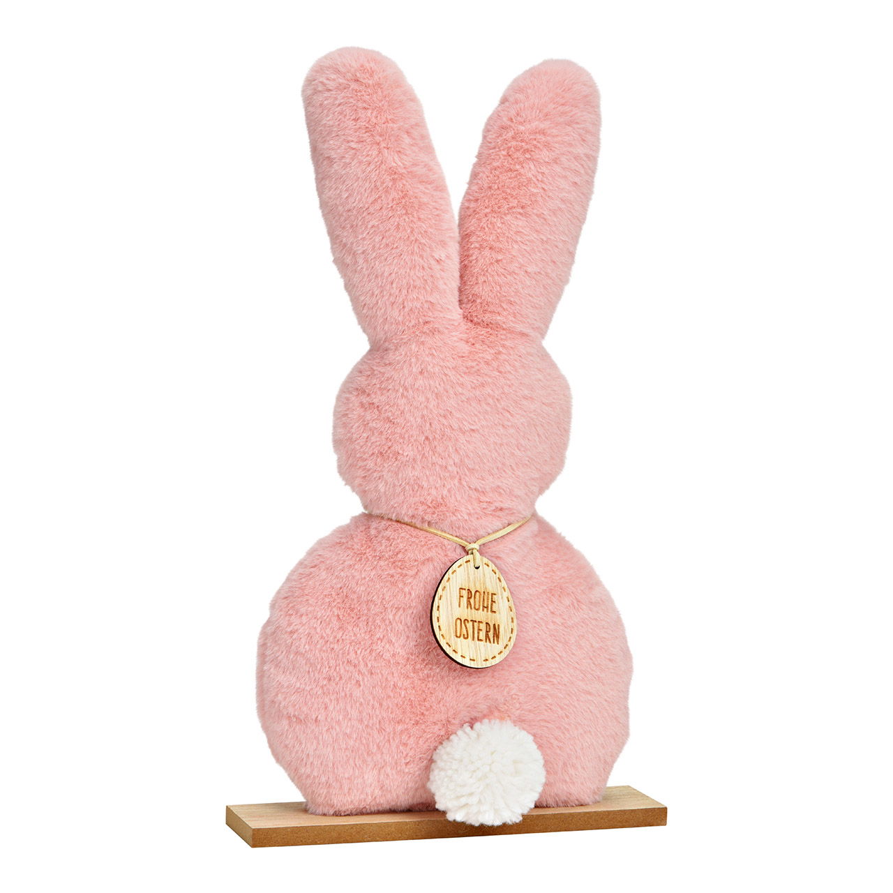 Présentoir lapin en peluche sur socle en bois rose (L/H/P) 20x36x5cm