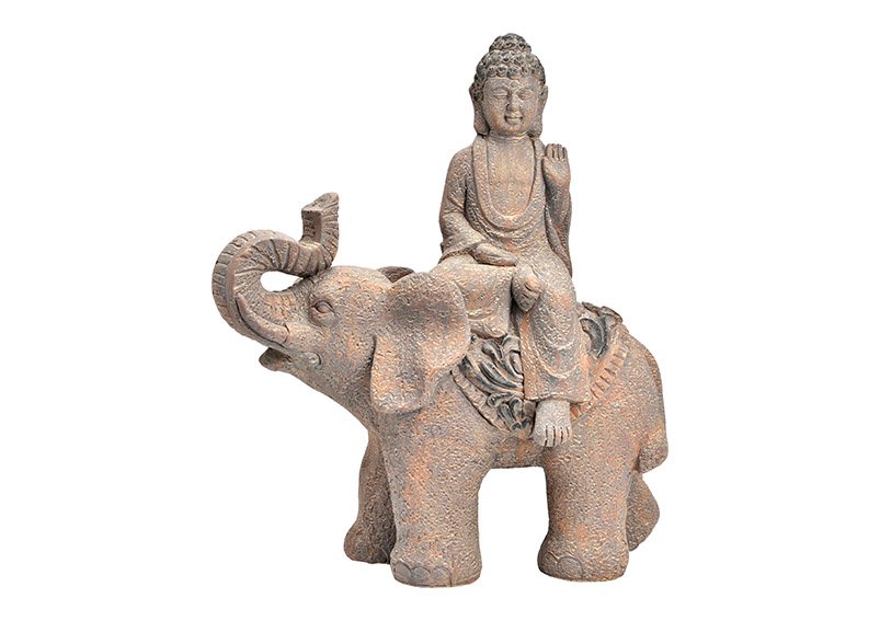 Buddha on elephant of magnesia antique brown (W/H/D) 38x46x20cm