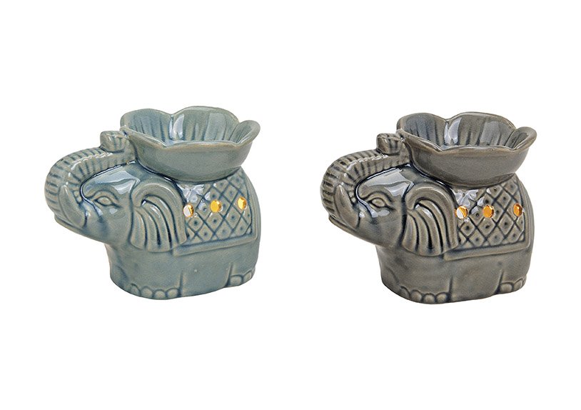 Lampada profumo elefante, ceramica, 2 assortiti, L14 x P9 x H11 cm