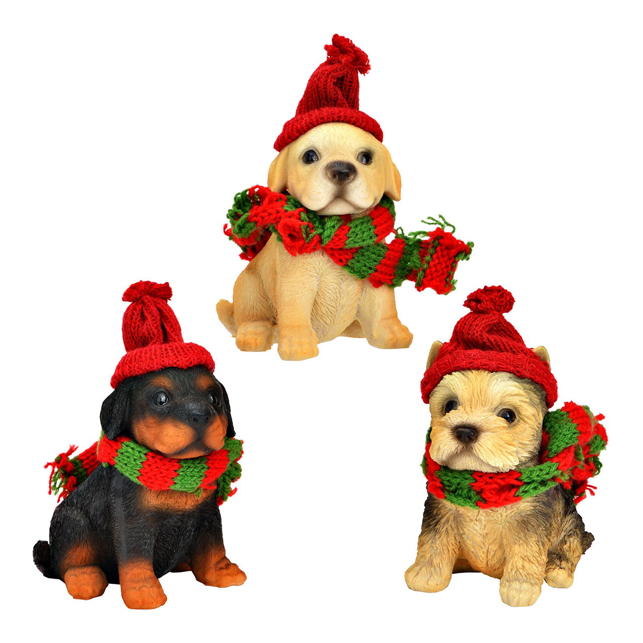 Chien avec bol de Noël et bonnet en poly, triple, Beige/Ror (L/H/P) 7x8x6cm