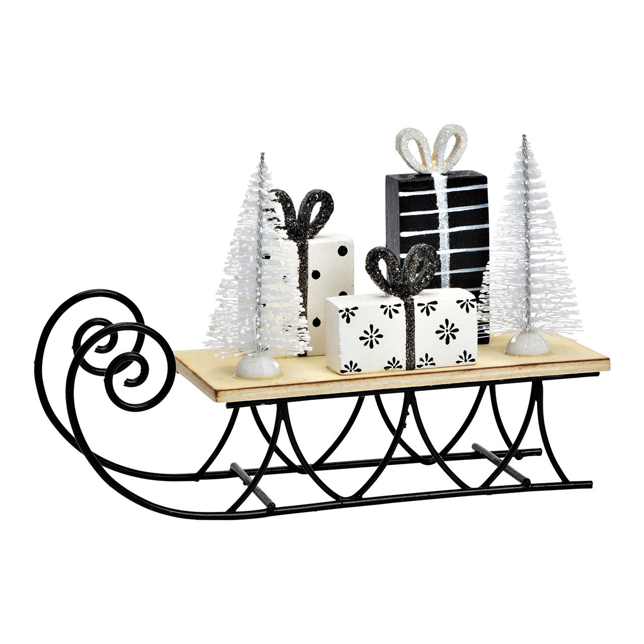 Sleigh stand with gift pack made of wood, metal black (W/H/D) 19x12x6cm