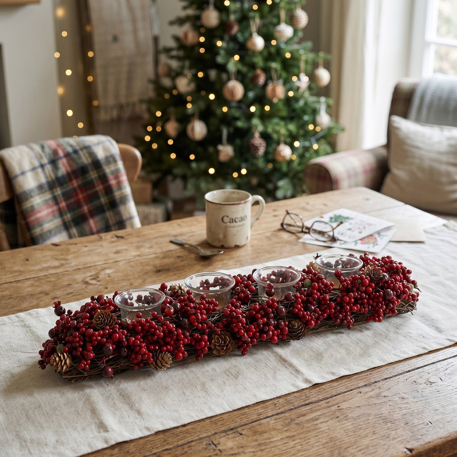 Adventskranz, Krautkranz, Rotbeeren, Weihnachtsdekoration, Teelichthalter