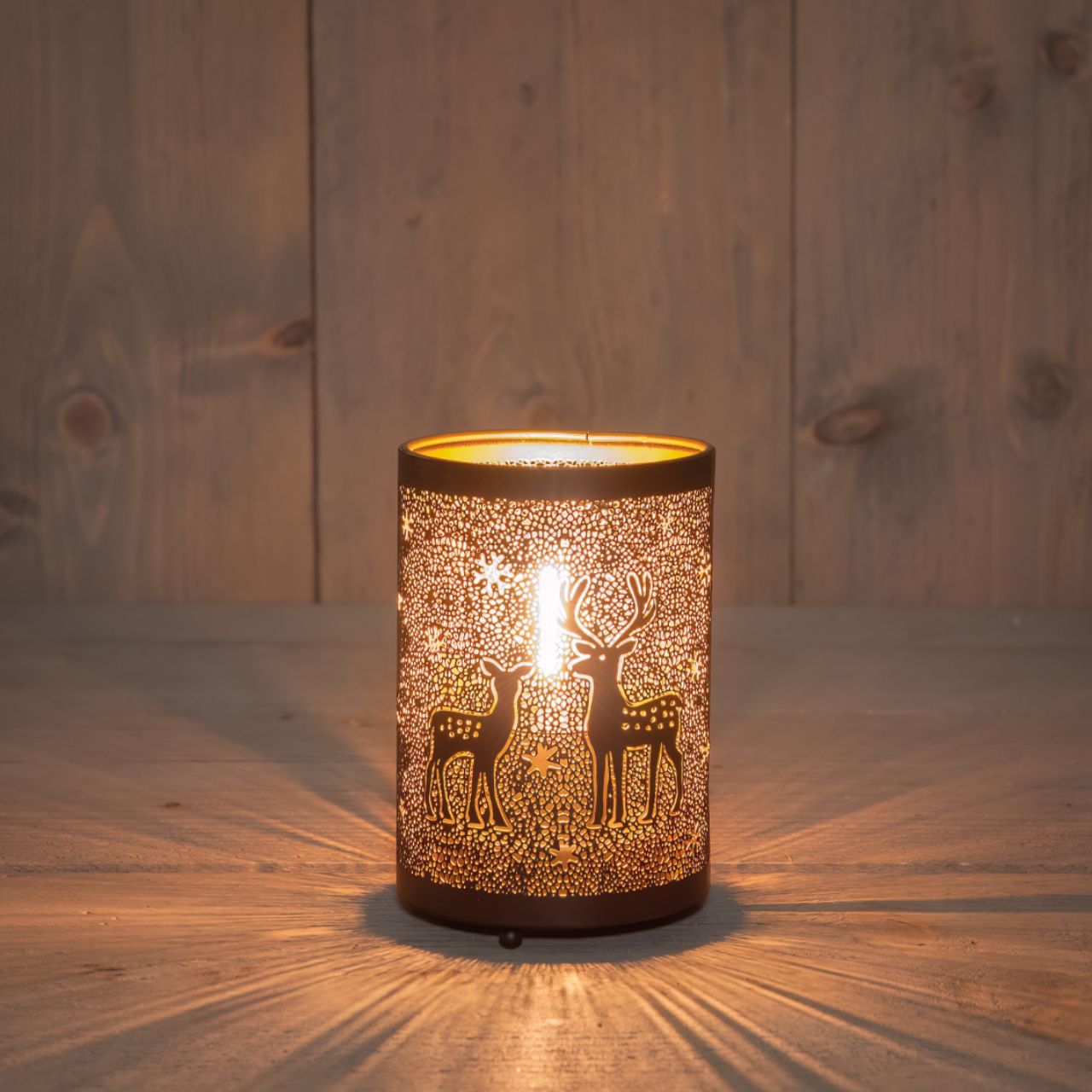 Laterne Indoor Rentieren auf Batterie/Timer IP20 D8,5x13cm Schwarz/Gold Kerzenlicht, Laterne, Weihnachtsdeko, Dekoration, Stimmung