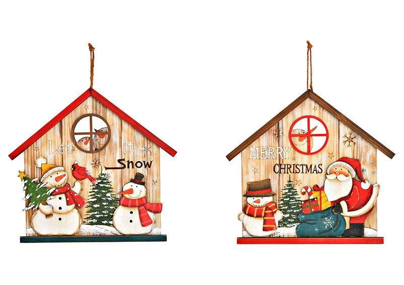 Wandhanger huis Vadertje Kerstmis, sneeuwpop van hout gekleurd 2-voudig, (w/h/d) 30x28x2cm