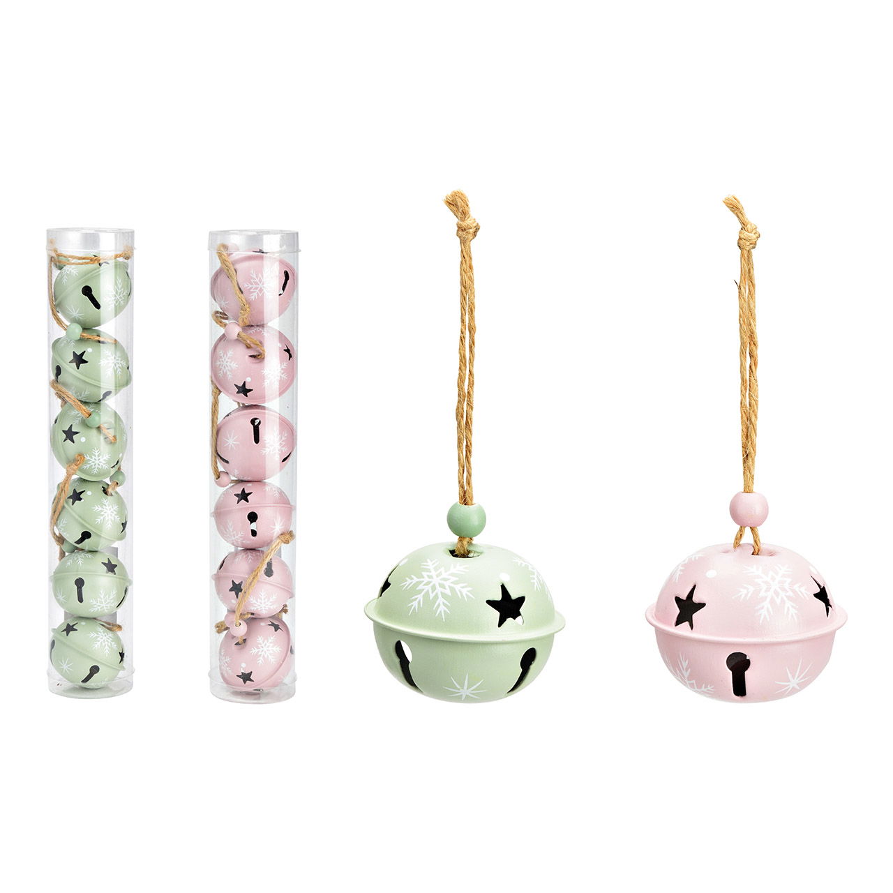 Cloches de Noël 5x4x5cm Set de 6, en métal rose/rose, vert 2 fois, (L/H/P) 5x27x5cm Cloches de Noël 5x4x5cm Set de 6, en métal rose/rose, vert 2 fois, (L/H/P) 5x27x5cm