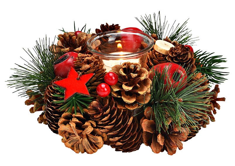 Windlicht Weihnachtskranz, aus Holz, Glas, Kunsstoff braun, grün, rot (B/H/T) 18x8x18cm