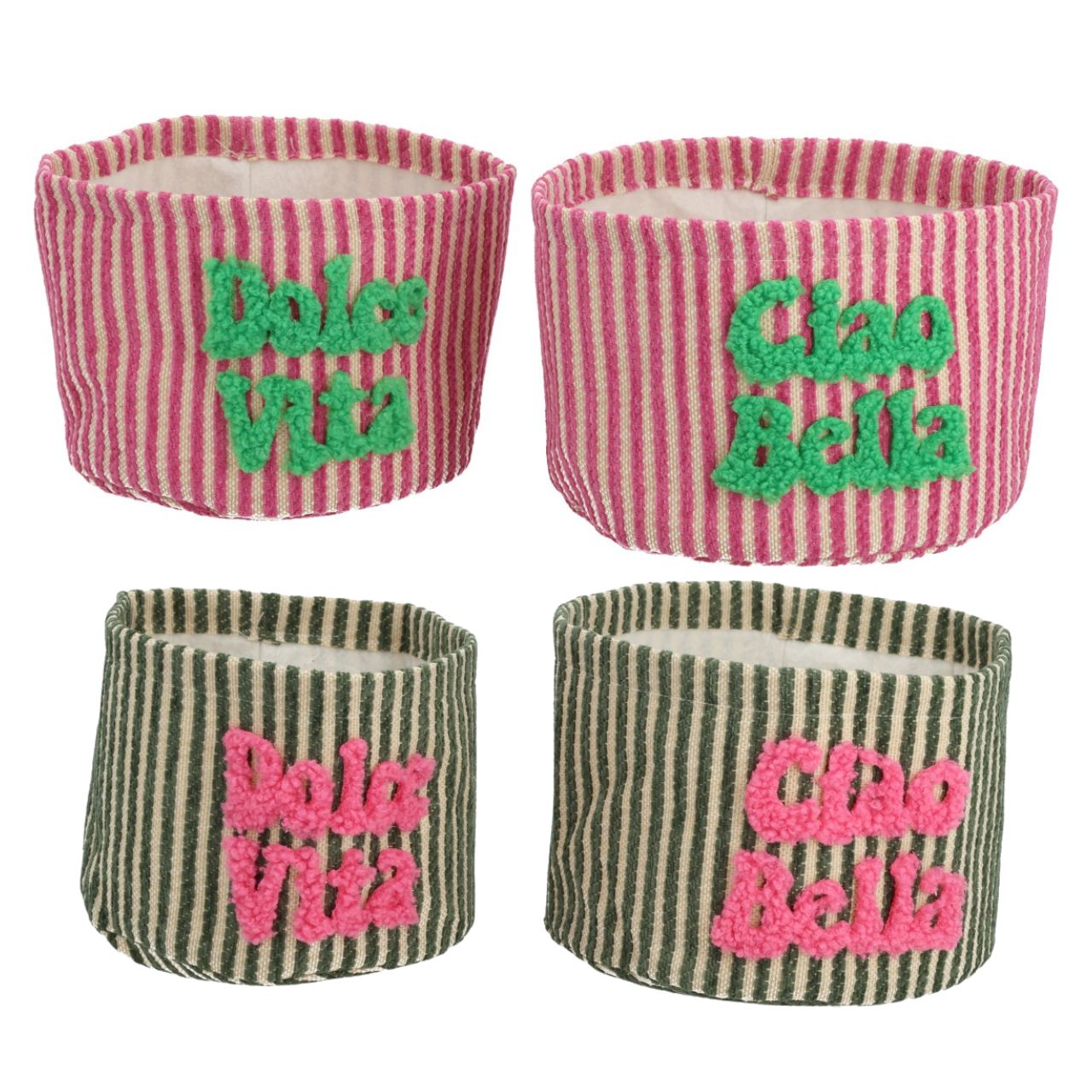 Korb Ciao Bella 16x12x16cm aus Textil 2er Set 2-fach sortiert Olive;Rosa (B/H/T) 18x13x18cm Stoffband, Stoffkorb, Strickband, Streifenmuster, Korb-Set