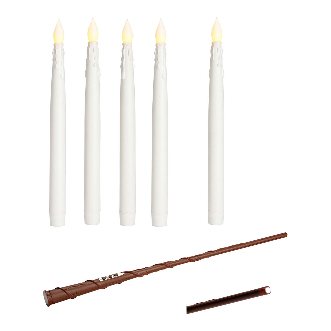 LED candles set of 5 with magic wand remote control, wire and hook, made of white wax (W/H/D) 2x28x2cm battery operation 5xAA 1xAAA not included