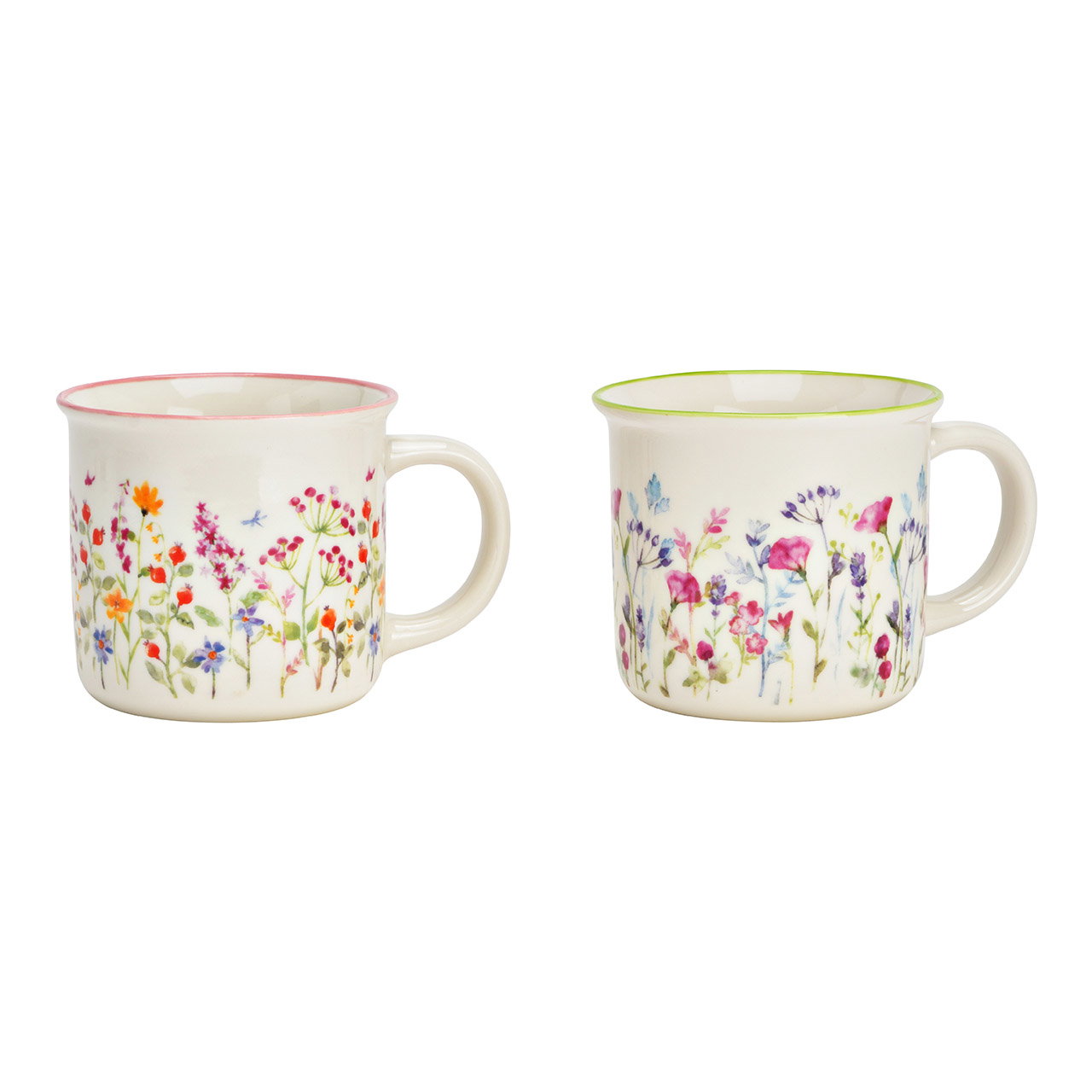 Kaffeebecher, Porzellan, Blumenmuster, rosa roter Rand, Duoset