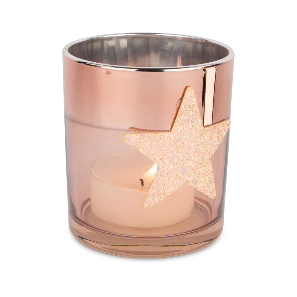 Bicchiere votivo con stella, vetro, 9x10cm, 1 pezzo, oro rosa